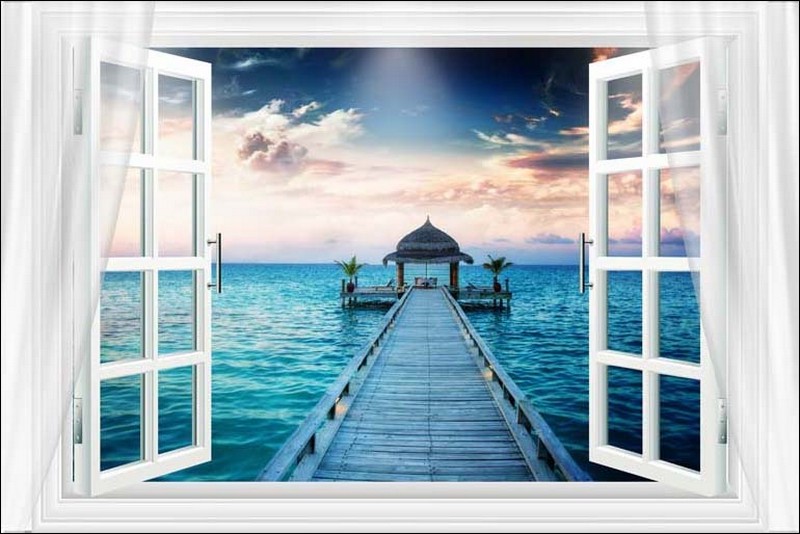 Mẫu tranh 3d hình cửa sổ hướng ra biển luôn luôn mang đến cảm giác bình yên, mới lạ