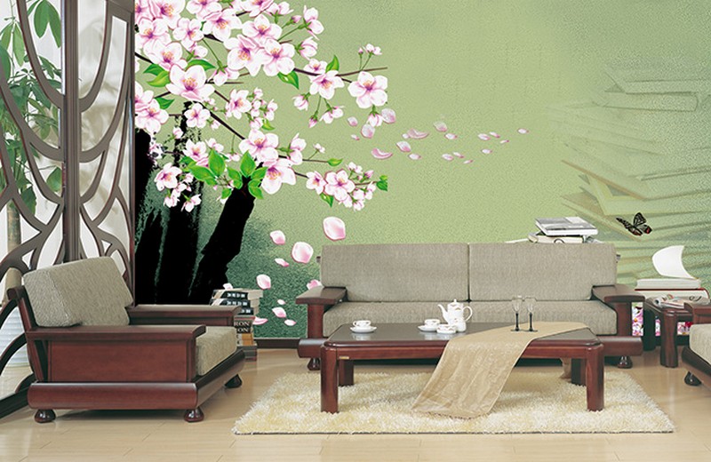 Tranh dán tường 3d phòng khách hình hoa đào ngày tết đẹp lung linh - 01
